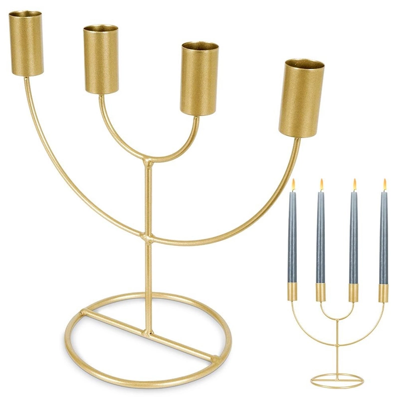 Kerzenhalter Kerzen-Halter Leuchter Kerzenleuchter Kerzenständer 4-armig für lange Kerzen aus Metall Gold 21,5x12x22 cm
