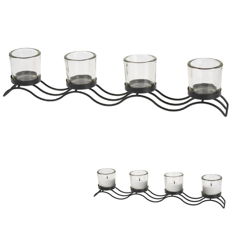 Kerzenhalter | Kerzenständer für 4 Teelichter aus Metall schwarz wellenförmig mit Glaseinsätzen im LOFT-Stil